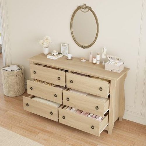 必填6-Drawer Dresser - Tall Boho Dresser with Curved Legs, Rattan Accents, and Freestanding Storage for Living Room, Bedroom, Entryway, or Balcony