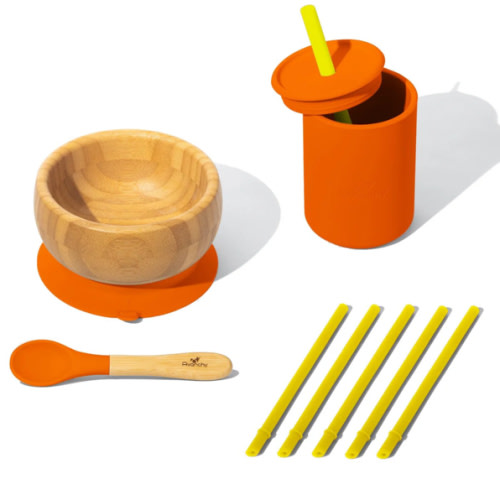 Avanchy First Steps Set: Baby Bowl, Silicone Cup & Straws for Babies