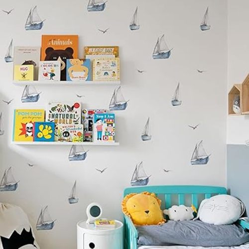 Watercolor Sailboat Wall Decals Peel and Stick, Seagull Wall Sticker for Baby Boys Room Kids Room Playroom Gender Neutral Room Nursery Wall Art Stickers Decor