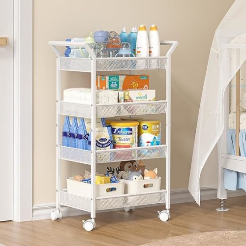 3IngSeagulls 4-Tier Baby Diaper Cart, Diaper Caddy Organizer Cart, Rolling Utility Cart for Baby Supplies, Diaper Caddy Cart with Wheels for Bedroom, Nursery, Changing Table, White