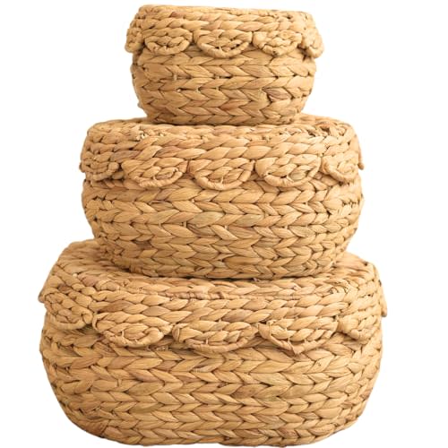Scalloped Basket with Lid Set of 3,Storage Boxes for Shelves,Decorative Storage Boxes With Lids,Water hyaxinth Storage, Shelf Baskets Set for Organizer