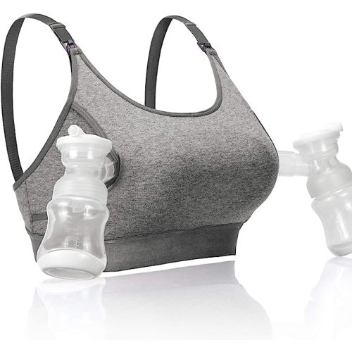 Momcozy Hands Free Pumping Bra, Adjustable Breast-Pumps Holding and Nursing Bra, Pumping & Nursing Bra in One - Grey - XX-Large