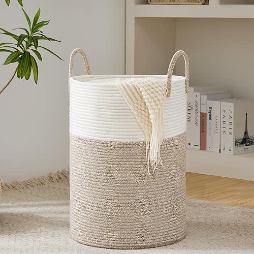 Cotton Rope Laundry Basket by YOUDENOVA, 43L Woven Collapsible Laundry Hamper, Clothes Hamper with Reinforced Handles in the Laundry Room, Bedroom, Bathroom, Brown