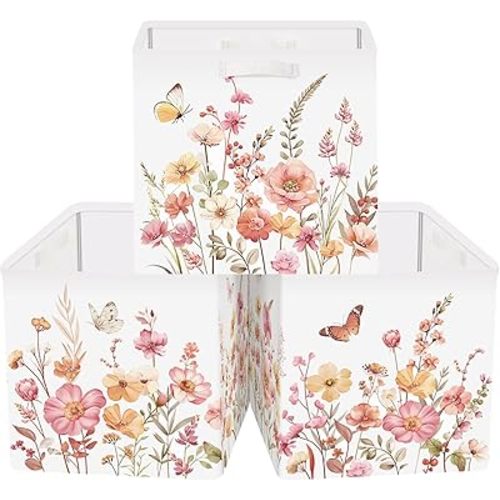 11.8" Wild Flower Storage Cube Organizer Set 3Pcs Clothes Storage Basket Bin for Closet Shelf Garden Butterfly Nursery Kid Room Book Toy Chest, Wildplants