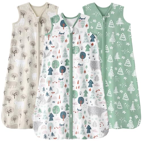 FIEMOL Baby Sleep Sack 0-6 months, 100% Cotton Sleeping Sack for Newborn and Infant, 3 Pack Baby Wearable Blanket for Boy and Girl, 0.5 Tog Lightweight Double Zipper Sleep Bag Green Apricot Bear