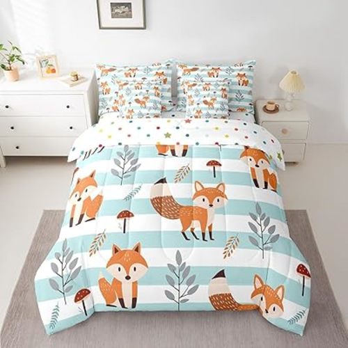 Feelyou Fox Comforter Set with Sheets Twin Size, Cute Fox 7 Pieces Bedding Set Cartoon Fox Bed in A Bag Fox Animal Bed Set 7Pcs