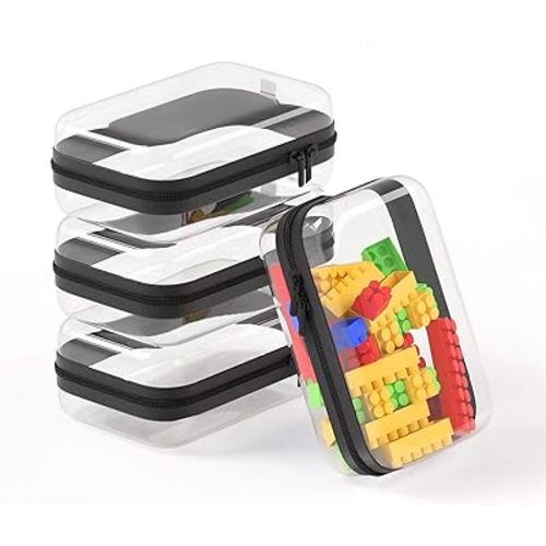 4 Pcs Storage Bins Clear Hard Shell Zipper Case Multi-Purpose Transparent Storage for Home & Office | Durable & Stylish Clear Case with Colorful Label Stickers