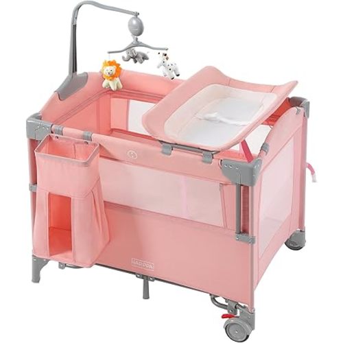 HARPPA Pack and Play 5 in 1, Portable Baby Playard for Travel, Baby Bassinet Bedside Sleeper with Mattress, Rolling Bassinet for Infant, Pack n Play with Changing Table, Bed Crib(Pink)