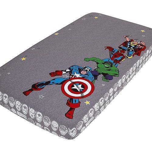 Marvel Comics Grey, White, Red, and Blue, Captain America, Hulk, Spiderman and Thor Photo Op Fitted Crib Sheet
