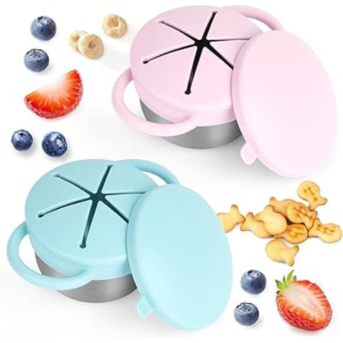 Daximo 2 Pack Snack Cups for Toddlers Spill Proof - Detachable Stainless Steel Toddler Snack Cups with Silicone Lids & Handles - Dishwasher Safe Baby Snack Containers (Light blue and Light pink)