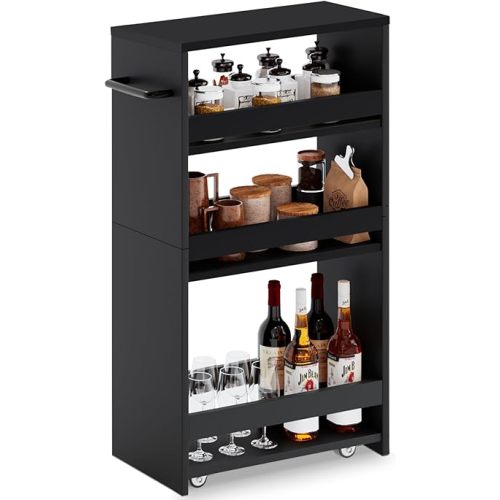 MARTY Rolling Storage Cart 7.9" W, 4-Tier Kitchen Cart with Wheels Handle, Slim Storage Cart Mobile Shelving Utility Carts for Bathroom Laundry Room Organization Narrow Places (All Black)