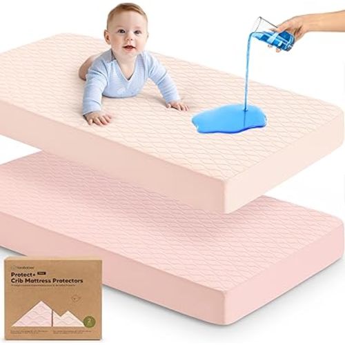 Waterproof Crib Mattress Protector Cover Fitted - 2-Pack Quiet Baby Mattress Topper Crib Sheets, 52" x 28" Soft Quilted Cotton Baby Sheet, Easy Fit, Durable Toddler Liner (Mist Rose)