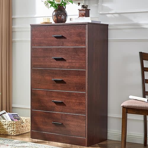 Dark Cherry Dresser for Bedroom, 5 Drawer Dressers & Chests of Drawers, Modern Wood Dresser, 47 Inches Tall Chest of Drawers for Bedroom, Hallway, Living Room