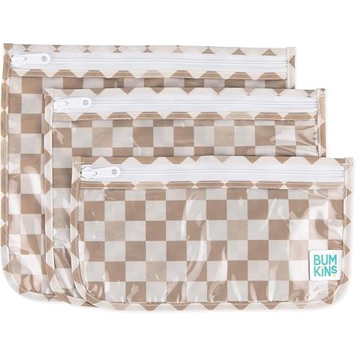 Bumkins Travel Bag, Toiletry, TSA Approved Pouch, Zip Bag, Quart Size Airline Compliant, Clear-Sided, Baby, Diaper Bag Organization, Makeup, Accessories, Packing, Set of 3 Sizes, Sand Check