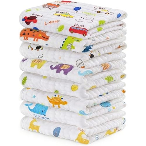 MALOMME Muslin Baby Washcloth 8 Pack - Soft & Absorbent Washcloth 6 Layer Natural Cotton Wash Cloths for Newborn Infant Toddler 10”x10” Large Gentle Face Towel for Sensitive Skin - Multi Pattens