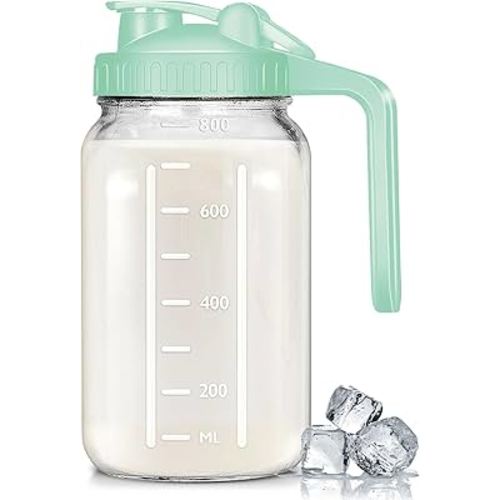 Glass Pitchers with Handle and Lid, 32oz Breast Milk Pitcher, Wide Mouth Mason Jar Pitcher, Leak Proof Drink Pitcher Water Pitcher, for Breastmilk, Water, Juice, Milk, Tea, Iced Coffee, 1 Pack