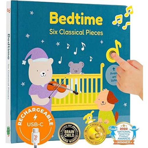 Cali's Books Bedtime Musical Book for Babies and Toddlers 1-3 – USB-C Rechargeable – 6 Classical and Relaxing Pieces | Sound Book for Sleep & Relaxation
