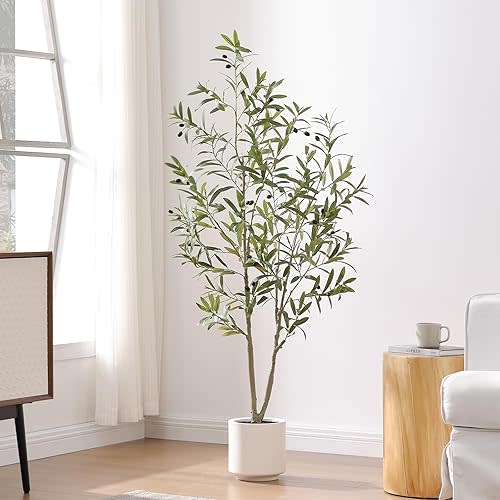 Olive Trees Artificial Indoor, 5FT Tall Faux Olive Tree with White Tall Planter, Faux Tree with Lush Lifelike Fruits for Living Room Bedroom Balcony Corner Office Decor 1Pack