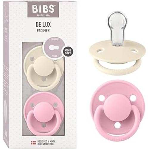 BIBS De Lux Baby Pacifier 2-Pack | Made in Denmark | BPA Free Dummy Soother, Round Nipple. Silicone, OneSize (0-36 Months), Ivory/Baby Pink