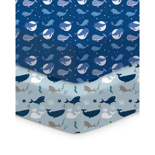 Baby Crib Sheets for Standard Crib Mattress - Navy Whale+Blue, Ultra Soft Jersey Knit, Breathable and Cozy, Fits 28''x52''x9'' Deep Pocket