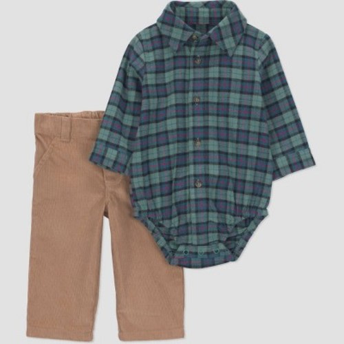Carter's Just One You® Baby Boys' 2pc Plaid Long Sleeve Button-Down Bodysuit and Pants Set - Green 6M