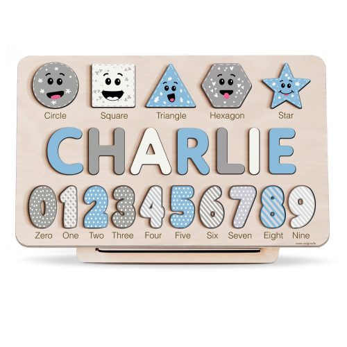 Personalized Wooden Name Puzzle with Numbers & Shapes – Light Blue – Zuzu Puzzle