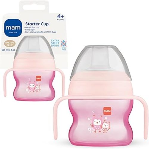 MAM Starter Cup (1 Count), Sippy Cup, Drinking Cup With Extra-Soft Spill-Free Spout and Non-Slip Handles, For Girls 4+ Months, Five Ounces, Pink