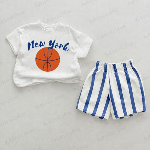 NEW YORK Baby Blue Basketball Vertical Striped 2-piece Shorts Set