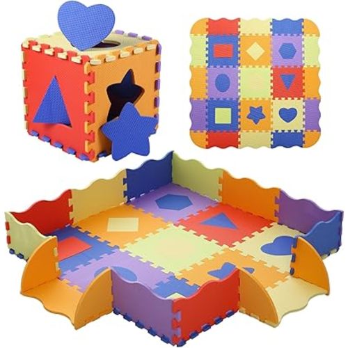Foam Play Mat for Kids,25Pcs Square Interlocking Puzzle Floor Mat,Baby Play Mat Floor Mat Foam Puzzle Playmat for Toddlers with Fence(Shape-CSH028