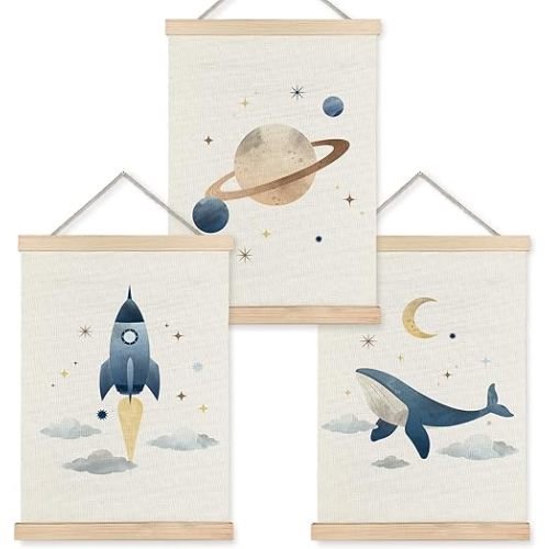 URLLUAE Space Whale Wall Art Posters for Kids Room, Outer Space Rocket Planet Poster Hanger Frame for Classroom Toddler Boys Room Nursery Playroom Wall Decor, 12x16 Inch Set of 3