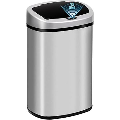 13 Gallon Automatic Trash Can with Lid, Touch Free Stainless Steel Kitchen Trash Can Smart Garbage Can 50L High Capacity Electronic Sensor Trash Bin Waste Bin for Room Kitchen Office, Silver