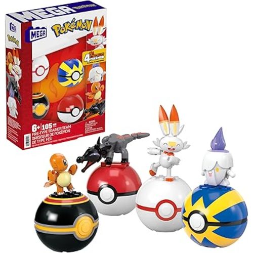 MEGA Pokémon Building Toys Set Fire-Type Trainer Team with 105 Pieces, 4 Poseable Character, 2 Inches Tall, for Kids