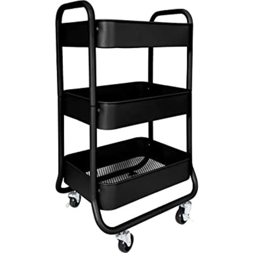3-Tier Rolling Cart - Heavy Duty Metal Rolling Cart, Lockable Casters, Multifunctional Storage Shelves - Great for Kitchen, Office, Bathroom, Laundry Room (Black)