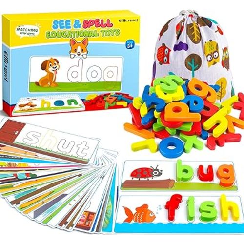 Officygnet Learning Toys for 3 4 5 6 Years Old Boys and Girls, See & Spell CVC Word Builders with Alphabet Cards for Kids Ages 3-5, Matching Letter Game for Preschool Toddler Learning Activities