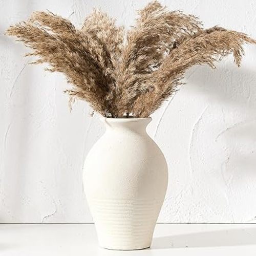LUKA Ceramic Rustic Farmhouse Vase, 9.2 inch Whitewashed Terracotta, Pottery Decorative Flower Vase, Clay Decorative Vases for Home Decor, Table, Living Room, Shelf, Mantel Decoration (Off-White)