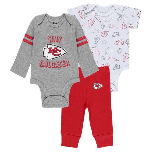 Newborn & Infant WEAR by Erin Andrews Gray/Red/White Kansas City Chiefs Three-Piece Turn Me Around Bodysuits & Pant Set
