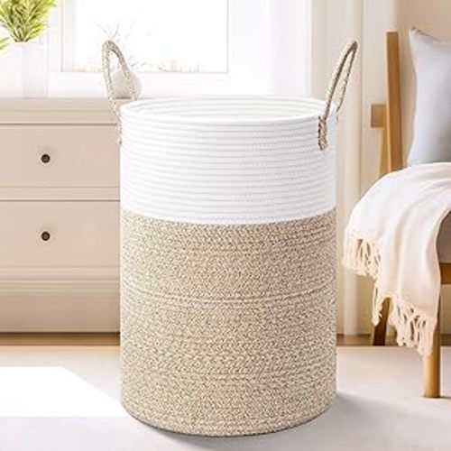 Laundry Basket,Woven Cotton Rope Laundry Hamper,60L for Decorative Storage of Dirty Clothes,Toys and Blankets in Bathroom,Baby Room and Living Room - Brown