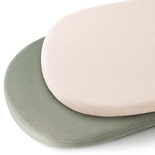 Konssy 2 Pack Muslin Bassinet Sheets for Baby Boy, 100% Cotton Soft Breathable Bassinet Mattress Sheets Fit for Hourglass Oval Cradle Rectangle Mattress (Fog Green,Cream)