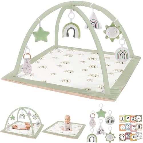 Washable Tummy Time Mat, Baby Play Gym with 6 Featured Toys, Baby Gym for Infant & Toddler, Larger Baby Play Mat, Deluxe Baby Play Mats for Floor, Sensory and Motor Skill Development, Non Slip, Green