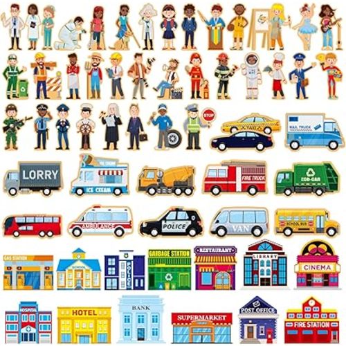 Blosssound 61 Pcs Wooden Community Helpers Toys Wooden Car Town Set Wood People Figures Multicultural Career Wood Blocks for Preschool Classroom Diversity Play Games Educational Activity Supplies