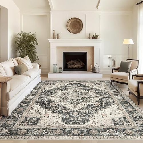 6x9 Area Rugs for Living Room, Washable Rug with Non-Slip Backing, Ultra-Thin Rugs for High-Traffic Areas, Super-Soft Floral Vintage Farmhouse Large Area Rug (Black/Beige, 6'x9')