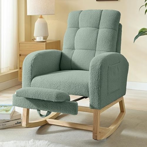 Modern Nursery Rocking Chair, Teddy Upholstered Rocking Chair with Footrest, Comfortable Rocker Chair with Side Pocket, Rocker Chair for Living Room, Bedroom, Nursing Room (Green)