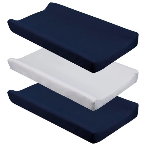 CaSaJa Diaper Changing Pad Cover for Baby Boys Set of 3, Snug Fit 4-Sided Contoured Changing Table Pad 16x31 16x32, Fitted Change Pad Sheet Navy Gray, 100% Silky Soft Breathable Microfiber