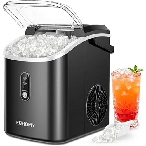 EUHOMY Nugget Ice Maker Countertop with Handle, Ready in 6 Mins, 35lbs Per Day, Removable Top Cover, Auto-Cleaning, Portable Sonic Ice Maker with Basket and Scoop, for Home/Party/RV/Camping
