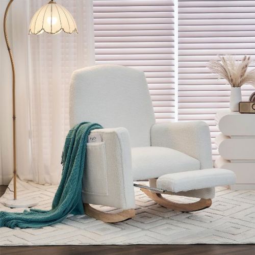 Modern Wooden Rocking Lounge Chair,ivory Teddy Fabric Rocking Chair With Pockets,comfy Accent Arm Chair With Solid Wood Legs,leisure Chairs-cuddlewood