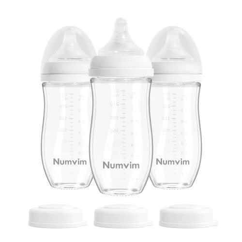 Glass Nurturing Baby Bottles for Breastfeeding Babies, Baby Essentials, Gentle Medium Flow, Wide Neck Bottle with Anti Colic Nipple for 3 Months Babies, 3 Packs (White, 8oz)