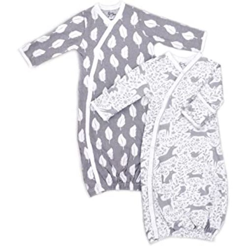 100% Organic Kimono Gowns. Side Snaps with Built in Mitts. (0-6 Months, Feathers and Forest Animals)