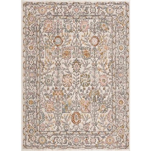 BoutiqueRugs Herstmonceux Boho Vintage Colorful Area Rug - Farmhouse Traditional Floral Pink Carpet for Living Room, Bedroom - Cream, Green, Sage, Red, Gray, Taupe - 6'7" x 9' (6x9)