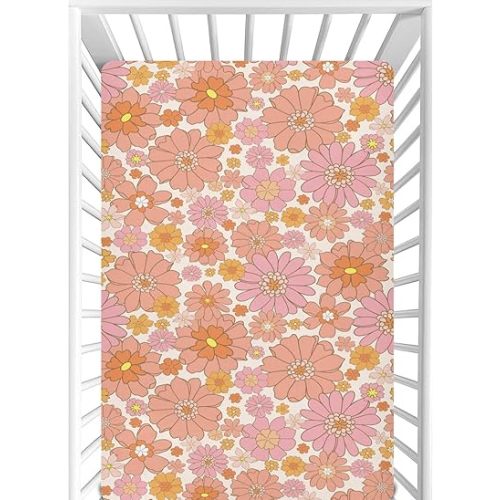 CaTaKu Mini Crib Sheets Fitted for Girls Boys Retro Orange Flower Baby Crib Sheets, Neutral Mattress Sheets Nursery Toddler Bed Sheets 28"x 52"