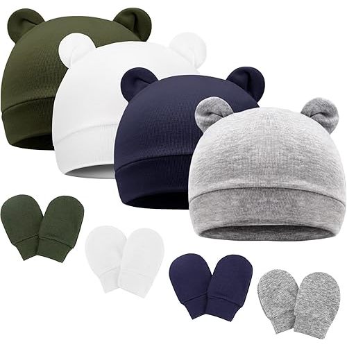 4 Pcs Baby Hats and Mittens Newborn Hats for Boys Infant Beanie Mittens for Newborn Baby Boy Essentials 0-3 Months